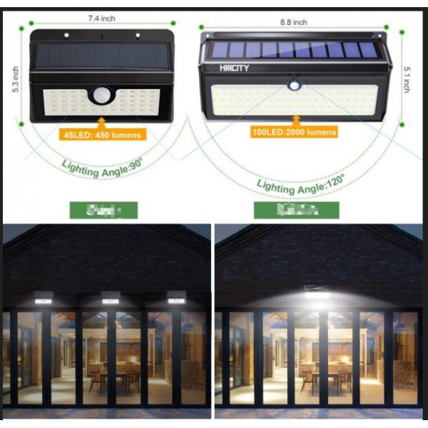 HMCITY Technology Solar Lights Outdoor, Wireless 100 LED Solar Motion Sensor Lights Waterproof Security Lighting Outdoor for Front Door, Backyard, Steps, Garage, Garden(2000LM, 2PACK)