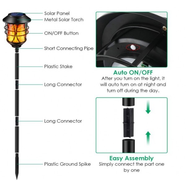 HMCITY Solar Lights Metal Flickering Flame Solar Torches Lights Waterproof Outdoor Heavy Duty Lighting Solar Pathway Lights Landscape Lighting Dusk to Dawn Auto On/Off for Garden Patio Yard, 4 Pack