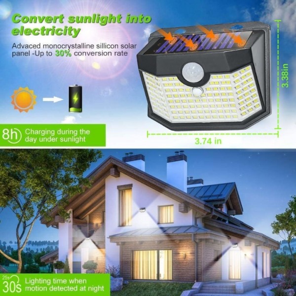HMCITY 120 LED Outdoor Solar Lights with Motion Sensor,6 ack,Black Shell & White Shell, Daylight White & Warm White